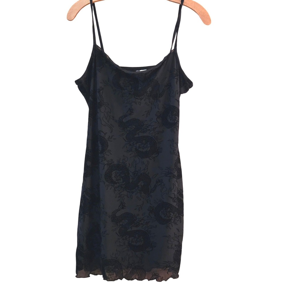 Y2K 90s Black Mesh Dragon Print Mini Dress, Velvet Burnout Flocked Goth, Sz M - Picture 3 of 11